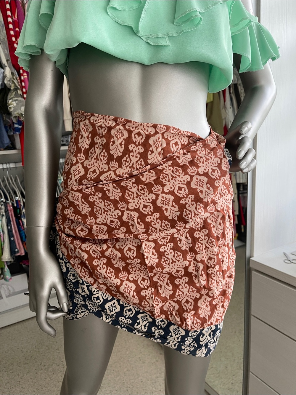 Zara Rust and Navy Patterned Wrap Mini Skirt